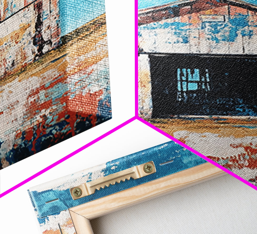 Rustic Barn, farmhouse art, landscape painting, blue and green wall art, extra wide art, panoramic art, Framed Canvas Print