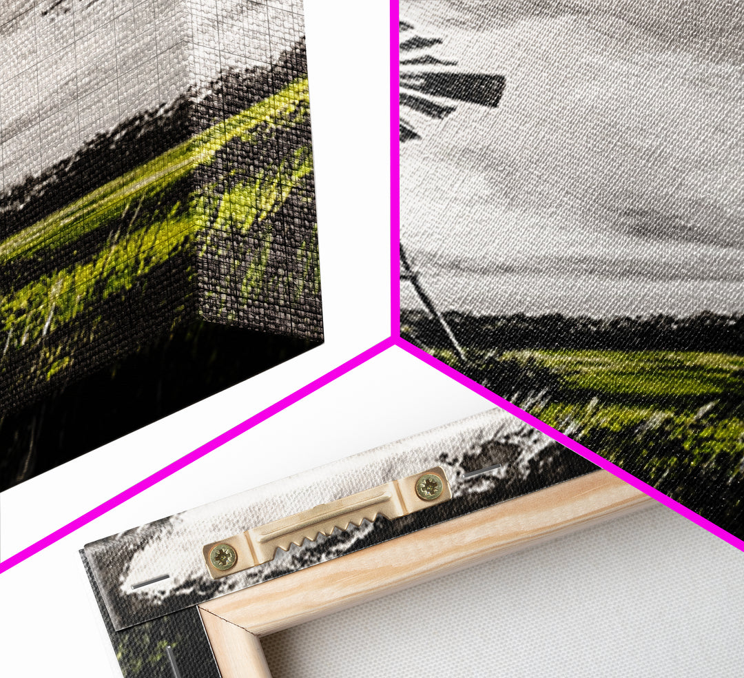 Black and White Windmill, windmill wall art, rustic decor, farmhouse art, landscape painting, framed canvas print, above bed wall art