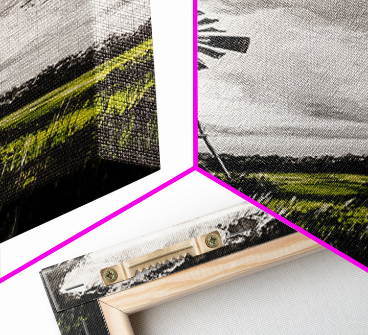 Black and White Windmill, windmill wall art, rustic decor, farmhouse art, landscape painting, framed canvas print, above bed wall art