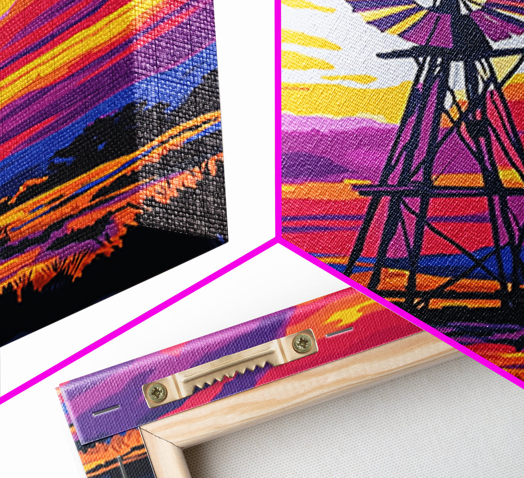 Vibrant Windmill Sunset, pink orange wall art, windmill wall art, rustic art, farmhouse art, canvas print, above couch art, gift idea for her