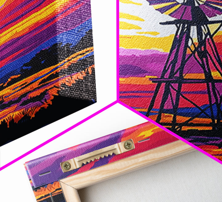 Vibrant Windmill Sunset, pink orange wall art, windmill wall art, rustic art, farmhouse art, canvas print, above couch art, gift idea for her