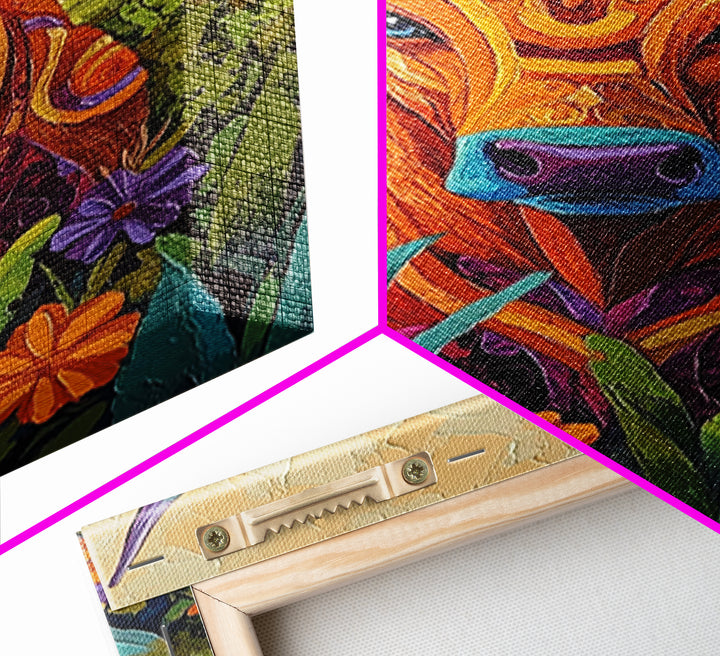 Colorful Bull Art, boho art, wabi sabi art, whimsical art, wildflower painting, framed canvas print, gift idea, rustic wall art