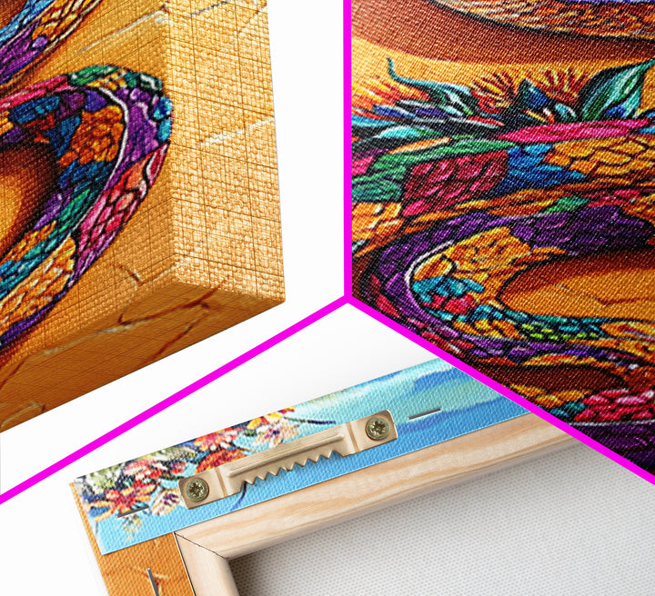 Coiled Snake, Vibrant Snake Art, Desert Landscape, Wildlife Art, Southwest Wall Art, Unique Decor, Framed Canvas Print