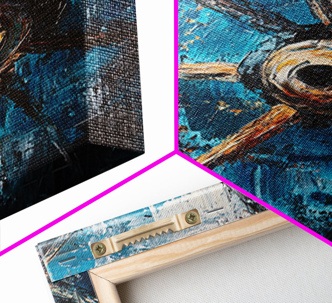 Abstract Wagon Wheel, Teal Wall Art, Rustic Art, Framed Canvas Print, Moody Aesthetic, Boho Decor, Farmhouse Art, Gift Idea