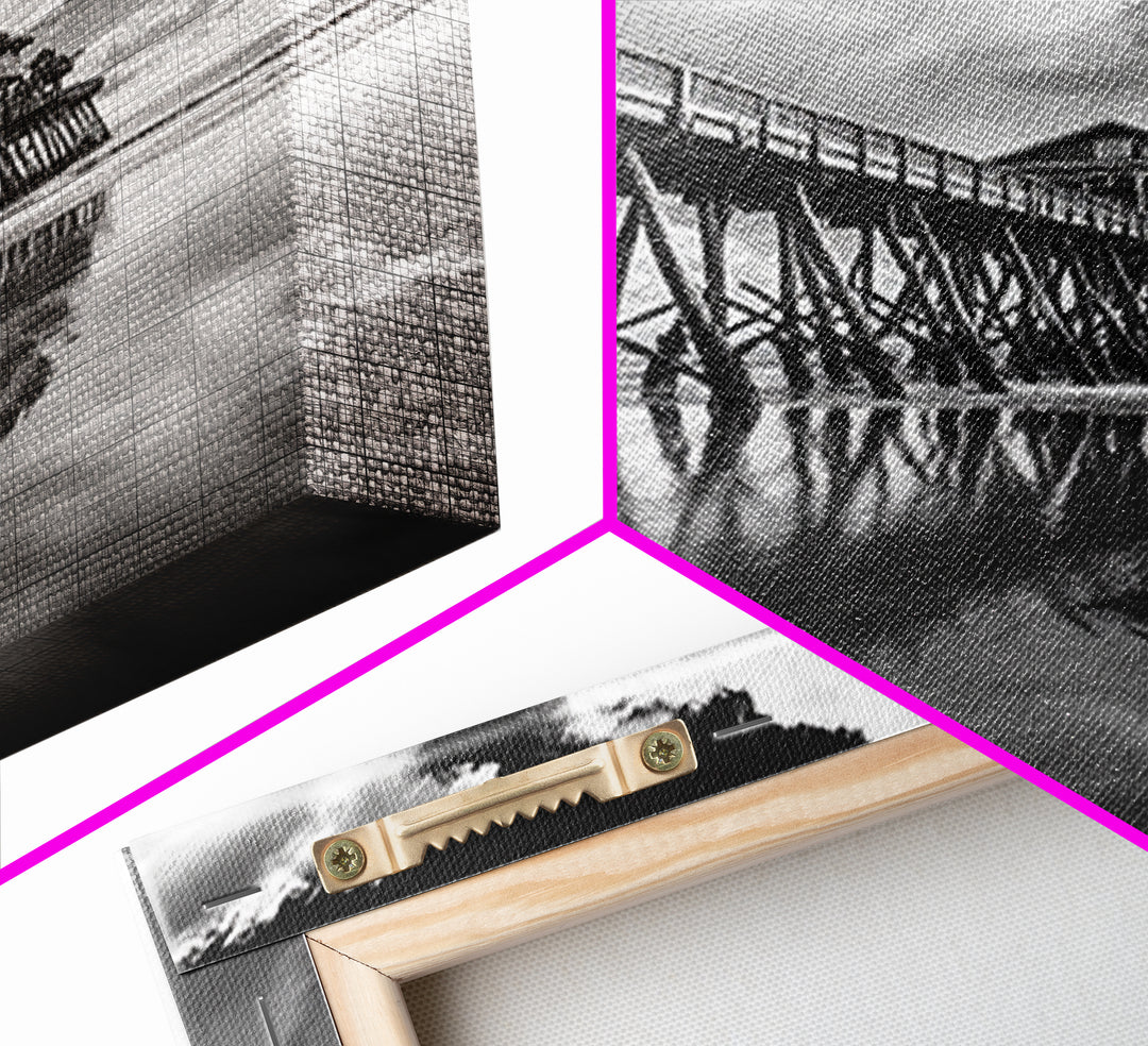 Pier reflection, seascape painting, nautical decor, rustic wall art, black and white photography, extra wide art, framed canvas print