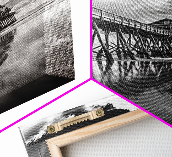 Pier reflection, seascape painting, nautical decor, rustic wall art, black and white photography, extra wide art, framed canvas print