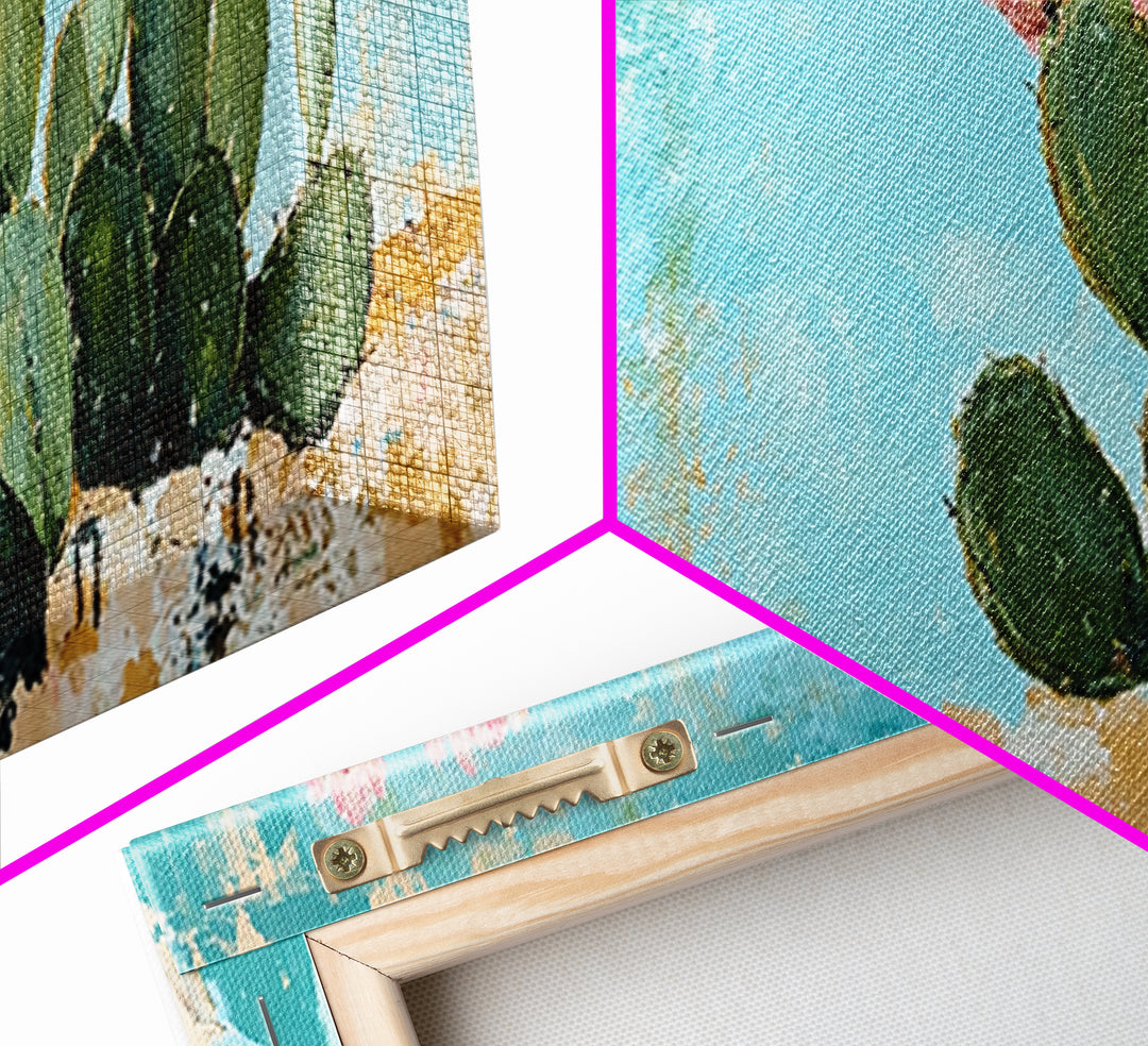 Blooming Cactus, agave painting, botanical prints, desert landscape art, teal wall art, wabi sabi art, rustic decor, Framed Canvas Print
