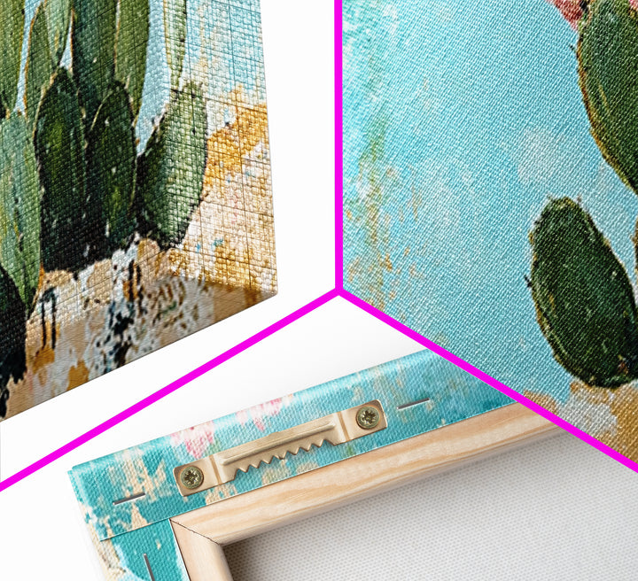 Blooming Cactus, agave painting, botanical prints, desert landscape art, teal wall art, wabi sabi art, rustic decor, Framed Canvas Print