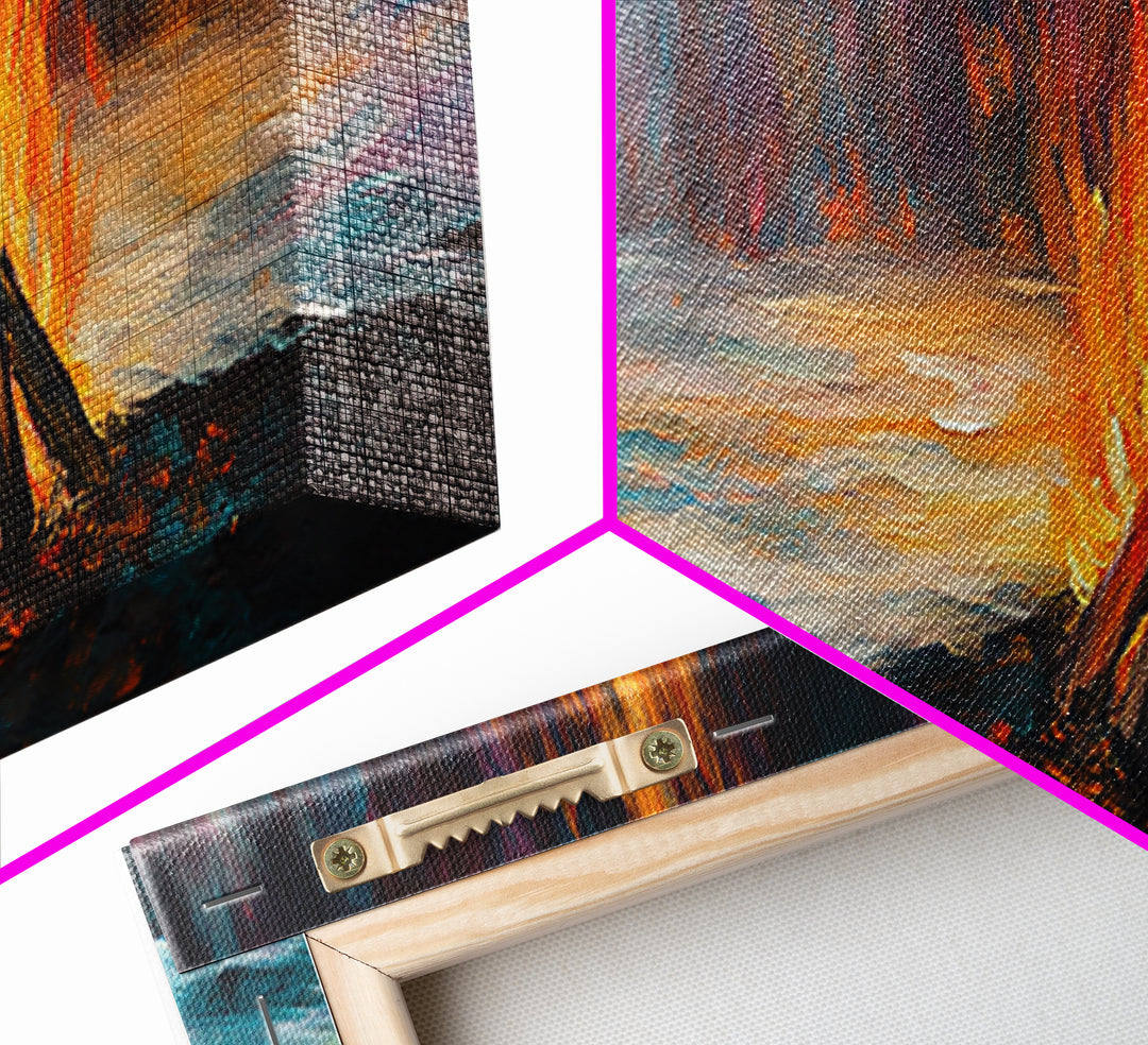 Bonfire, moody art, coastal landscape art, rustic decor, extra wide art, above bed wall art, gift idea for him, Canvas Print