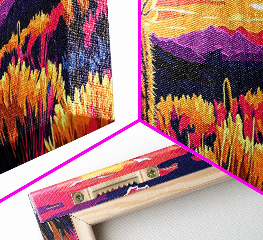 Desert Bloom, Joshua tree art, southwest wall art, mountain painting, nature painting, boho art, pink orange wall art, canvas print