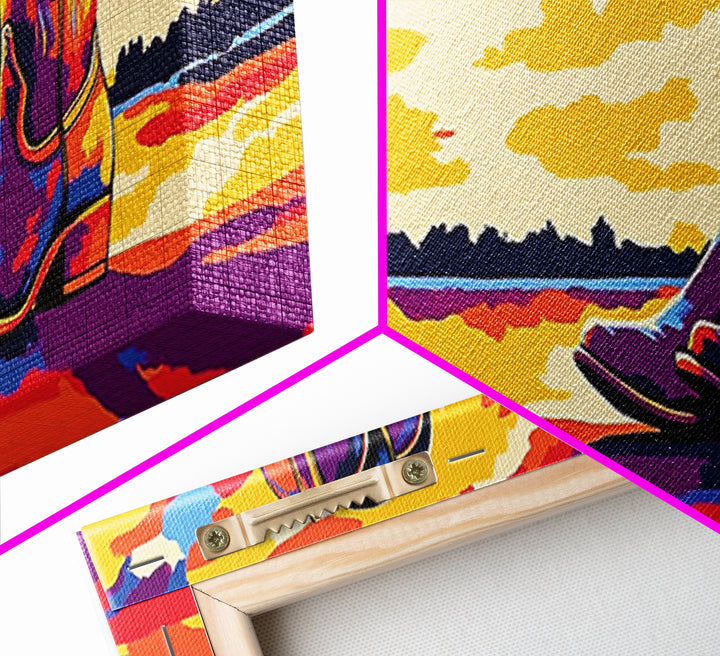 Cowboy Boots Art, Pink Orange Wall Art, Coastal Cowgirl Wall Art, Framed Canvas Print, Western Decor, Extra Wide Art, Rustic Art