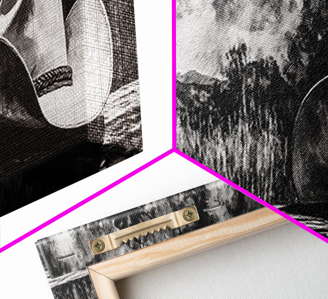 Black and White Art, cowboy hat painting, rustic decor, farmhouse art, extra wide art, panoramic art, framed canvas print, landscape painting