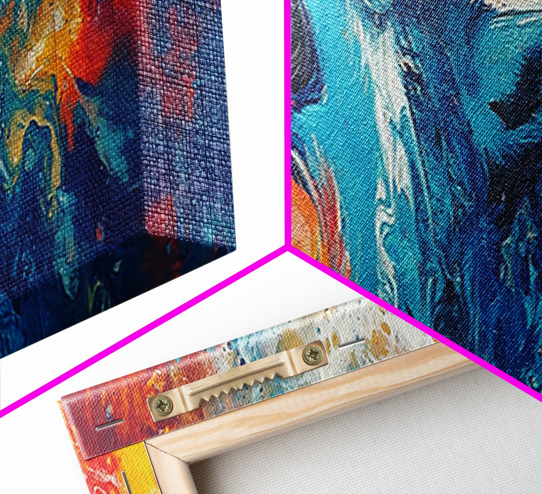 Abstract Wolf Art, moody art, blue and green wall art, extra wide art, framed canvas print, panoramic painting, rustic decor, southwest wall art