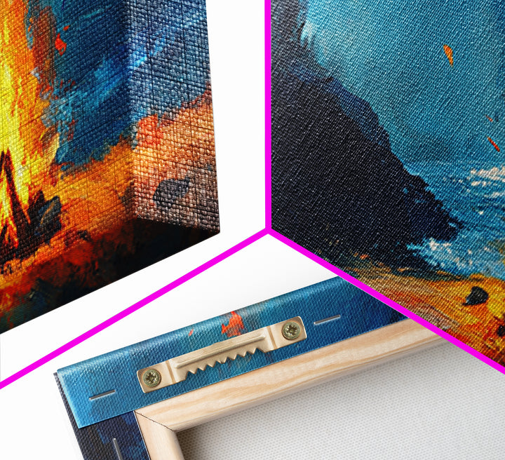 Coastal Cowgirl Wall Art, Framed Canvas Print, Campfire Painting, Rustic Decor, Moody Art, Extra Wide Art, Living Room Art, Above Couch Art