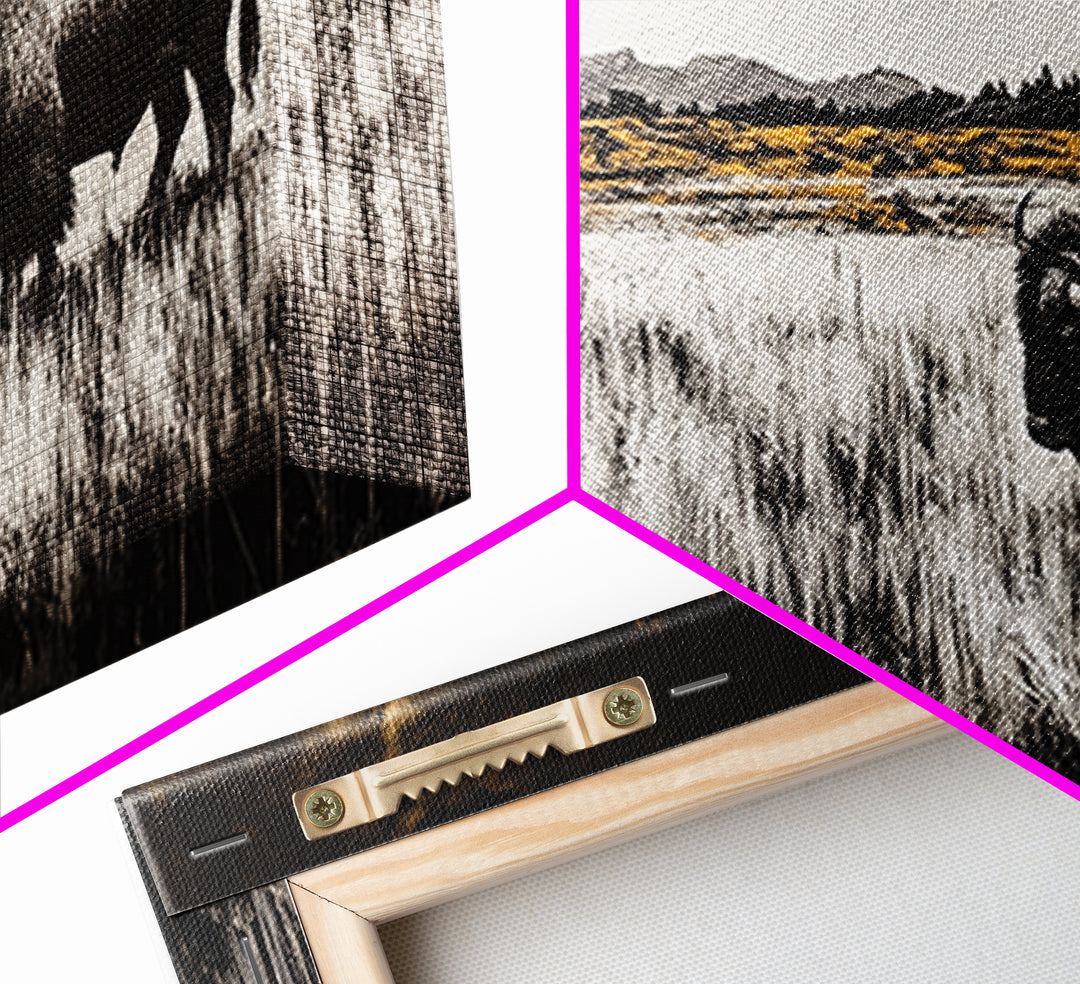 Bison painting, rustic art, black and white wall art, moody art, western decor, panoramic painting, extra wide art, framed canvas print