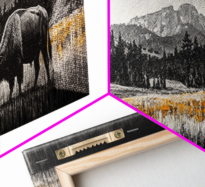 Bison art, mountain painting, black and white western art, farmhouse art, smoky mountain art, extra wide art, framed canvas print