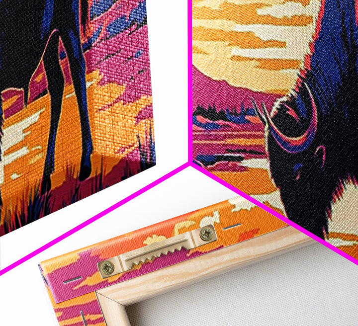 Buffalo painting, southwest wall art, rustic decor, pink orange wall art, cowboy art, above couch art, extra wide art, canvas print