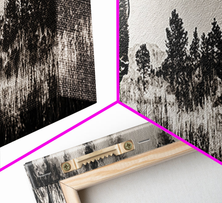 Bison landscape, black and white western painting, rustic decor, extra wide art, smoky mountain art, panoramic painting, framed canvas print