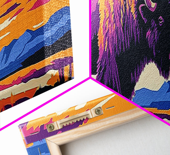 Bison, sunset, southwest wall art, buffalo, pink orange wall art, panoramic art, framed canvas print, extra wide art, rustic decor