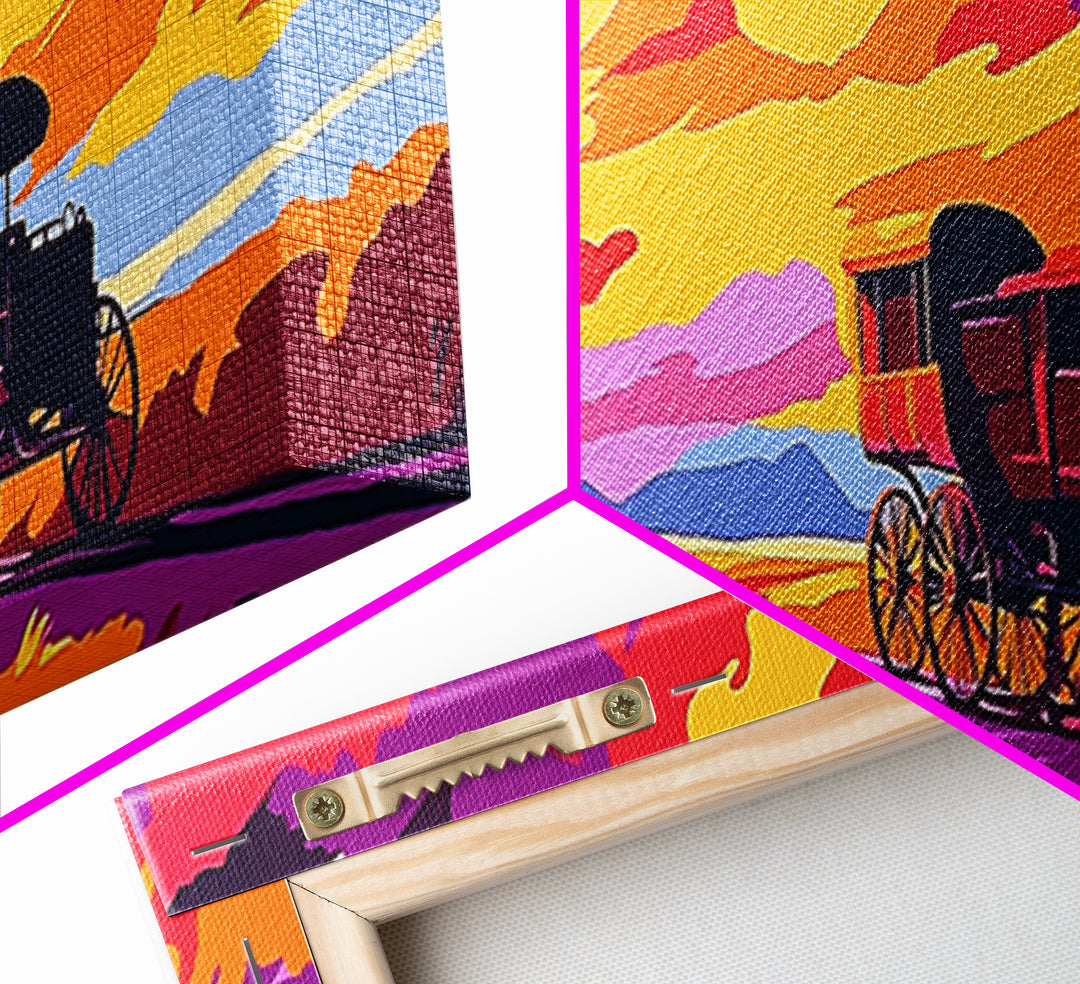 Stagecoach Sunset, southwest wall art, Joshua tree art, pink orange wall art, rustic art, vintage horse art, canvas print