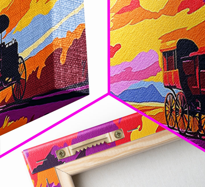Stagecoach Sunset, southwest wall art, Joshua tree art, pink orange wall art, rustic art, vintage horse art, canvas print