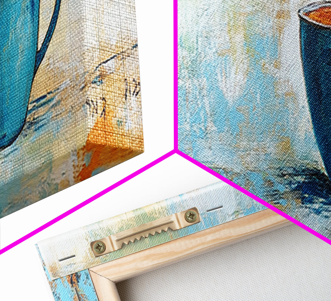 Blue Cup, coffee wall art, kitchen decor, rustic wall art, teal wall art, farmhouse art, Canvas Print, gift idea for her