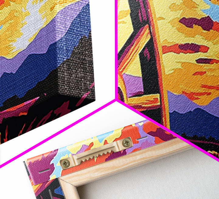Vibrant Wagon Sunset, pink abstract art, poppy wall art, boho art, panoramic painting, extra wide art, framed canvas print, vintage wall art