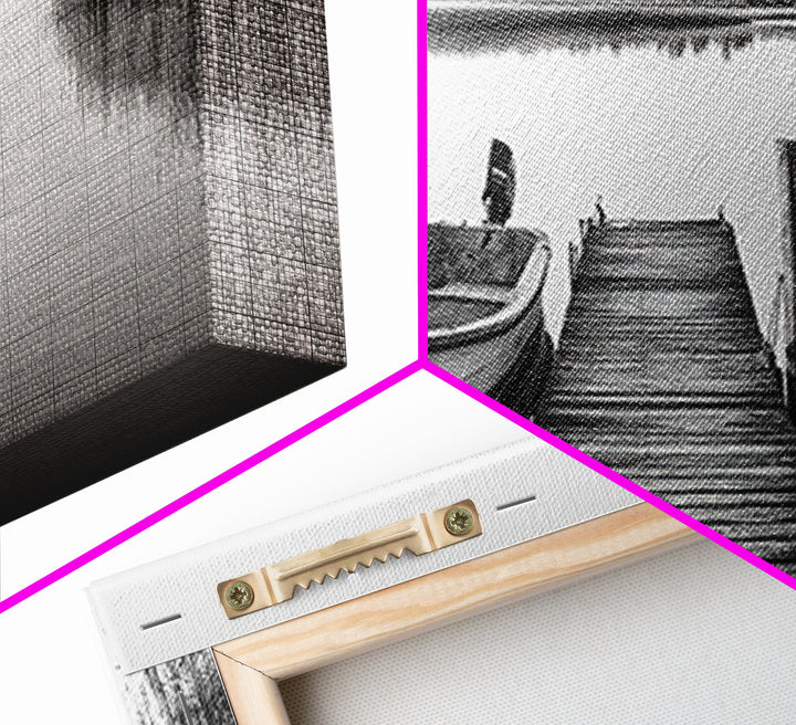 Boat On Dock, Nautical Wall Art, Framed Canvas Print, Coastal Landscape Art, Rustic Decor, Extra Wide Art, Minimalist Art, Bedroom Art