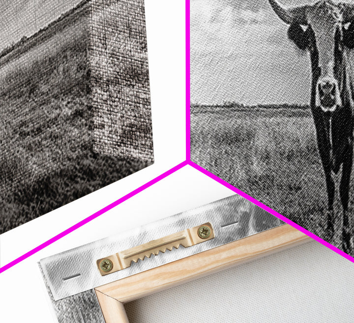 Texas Longhorn, Rustic Wall Art, Canvas Print, Farmhouse Art, Western Decor, Above Bed Art, Extra Wide Art, Moody Black And White Art