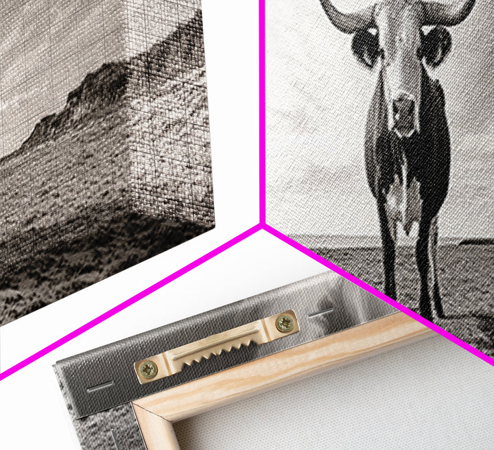 Longhorn, western landscape, bull and bear art, panoramic art, extra wide art, rustic wall art, framed canvas print, farmhouse decor, moody art