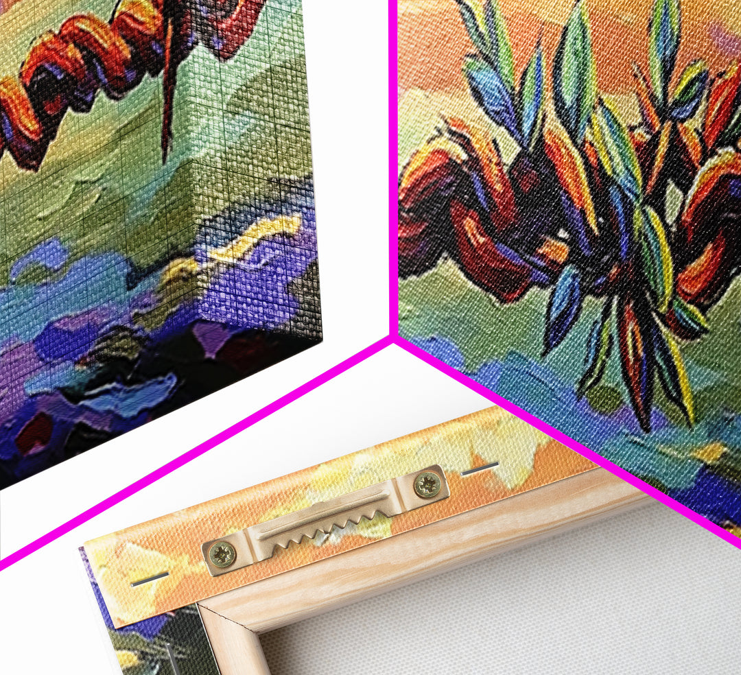 Barbed Wire Sunset, rustic wall art, southwest wall art, vibrant painting, western decor, long narrow wall art, framed canvas print