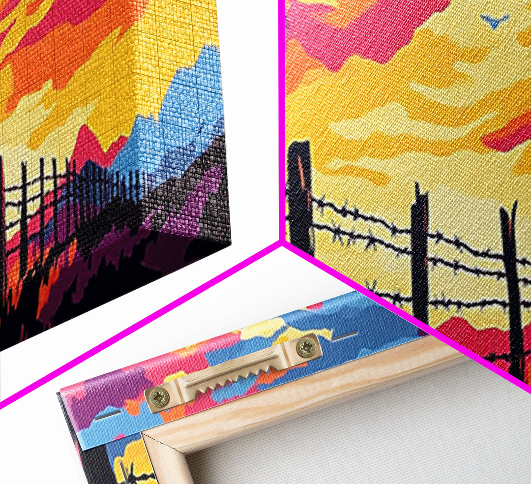 Barbed Wire Fence, southwest wall art, rustic decor, cowboy painting, panoramic art, long narrow wall art, framed canvas print, farmhouse art