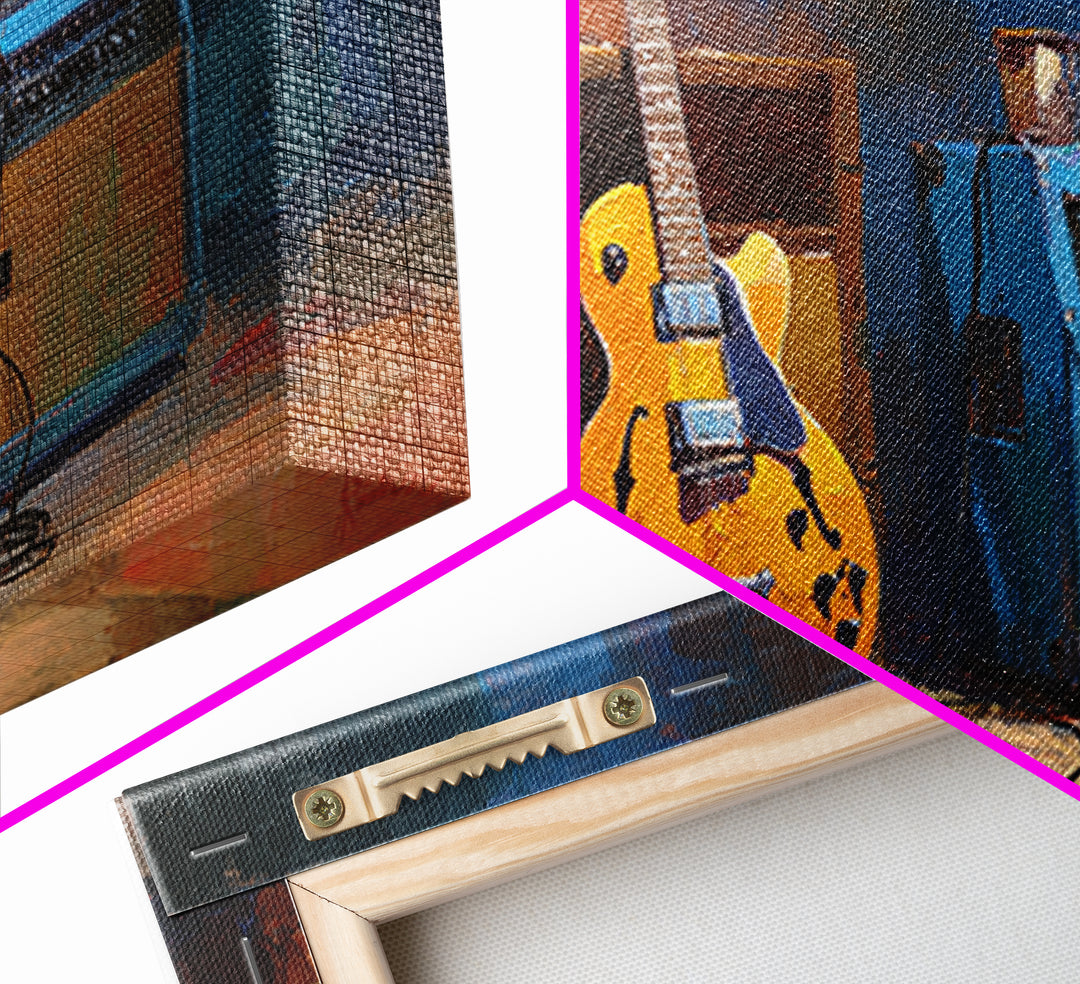 Electric Guitar Beside a Studio Amp Framed Canvas Print, Recording Studio Art, Textured Painting, Studio Decor, Analog, RSA-2x1-24