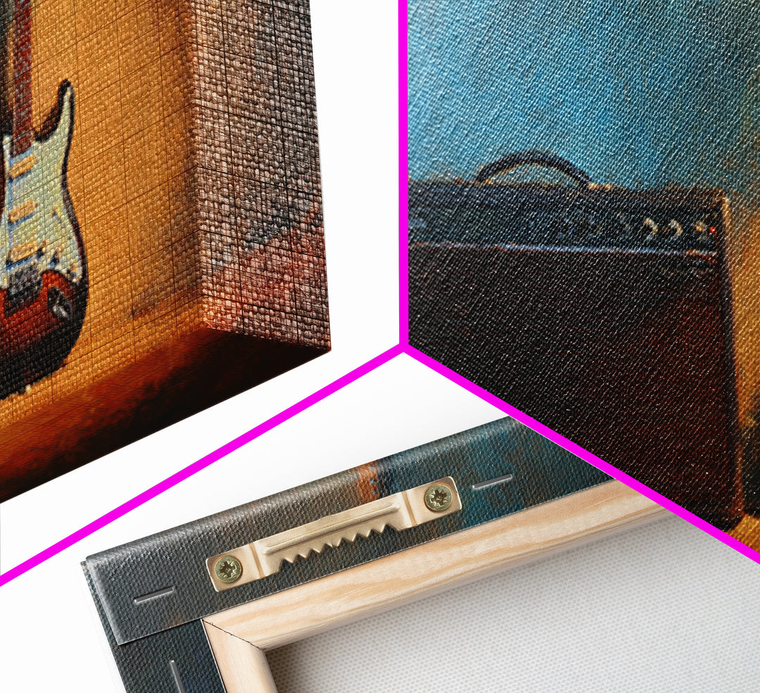 Electric Guitar Beside a Studio Amp Framed Canvas Print, Recording Studio Art, Dtf Prints, Studio Decor, Fine Art, Analog, RSA-2x1-72