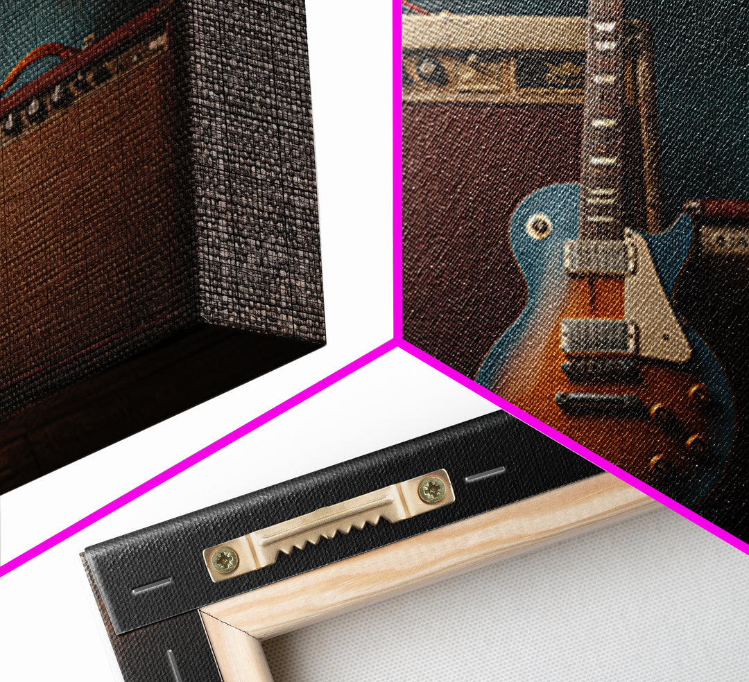 Electric Guitar Beside a Studio Amp Canvas Print, Recording Studio Art, Dtf Print, Studio Decor, Analog, Gallery Decor, RSA-3x2-56