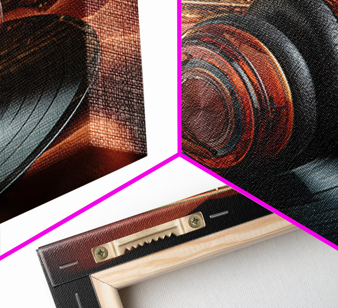 Headphones Resting on a Vinyl Record Framed Canvas Print, Recording Studio Art, Music Decor, Studio Decor, Fine Art, Analog, RSA-3x2-81