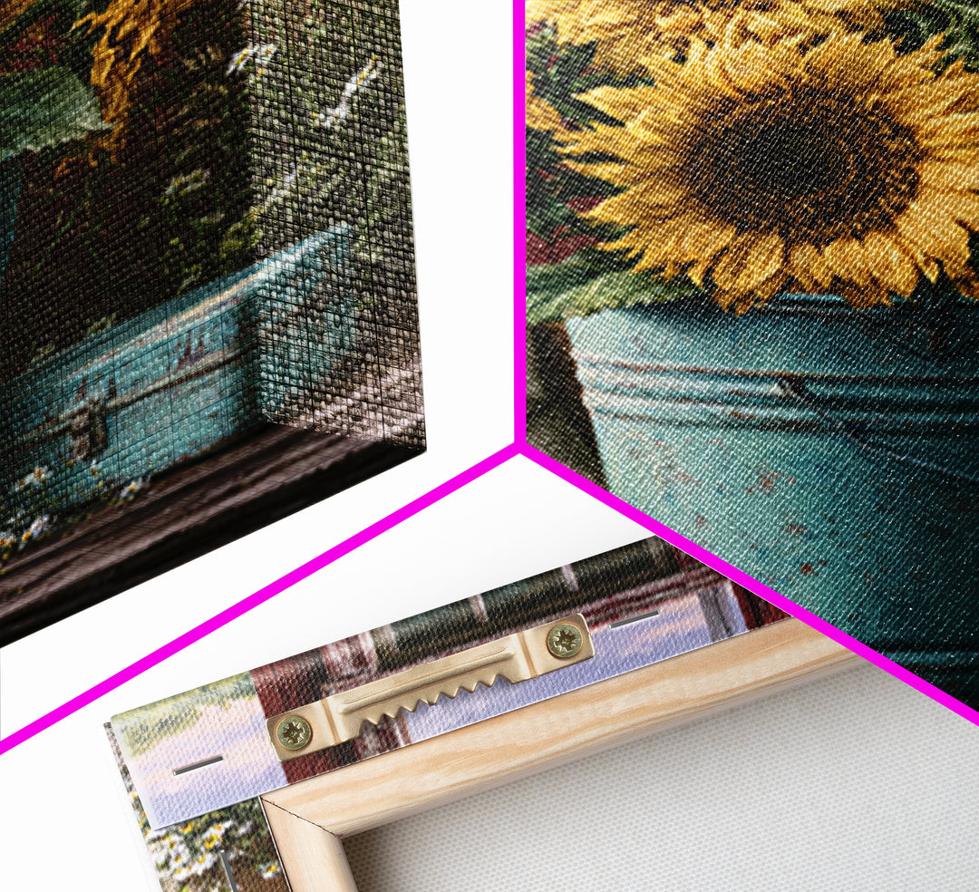 Sunflowers in a Metal Bucket Framed Canvas Print, Rustic Art, Painting, Farmhouse Decor, Oil Painting, Rustic, Boho Wall Art, RUS-1x1-12