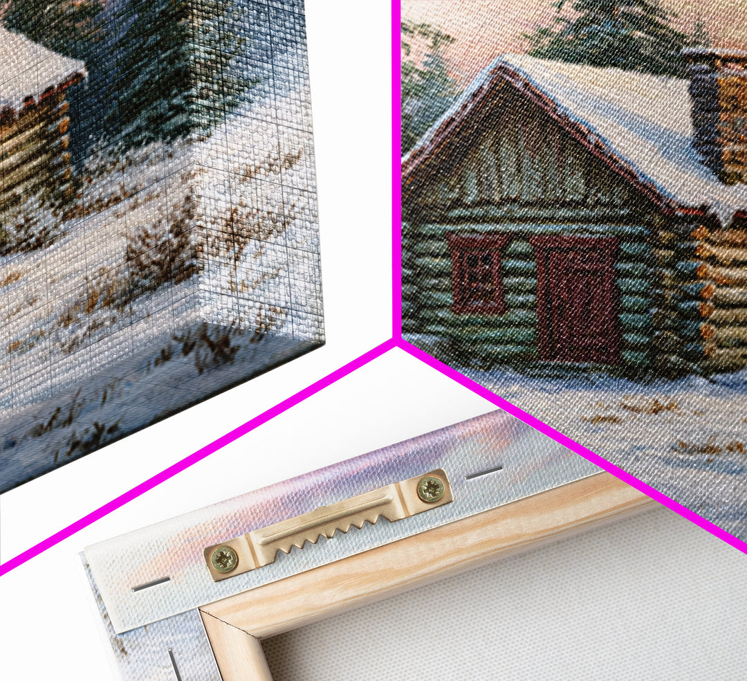 Log Cabin with Snowy Pines Canvas Print, Rustic Art, Farmhouse Decor, Oil Painting, Rustic, Gallery Wall Art, RUS-1x1-15