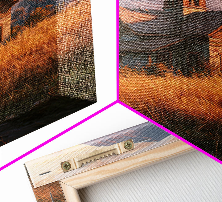 Mountain Cabin Landscape Framed Canvas Print, Rustic Art, Boho Wall Art, Farmhouse Decor, Oil Painting, Rustic, RUS-1x1-27