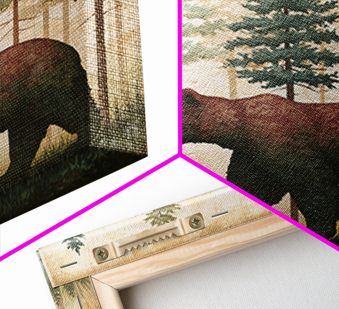 Bear Silhouette Among Pine Trees Canvas Print, Rustic Art, 3d Wall Art, Farmhouse Decor, Fine Art, Rustic, Living Room Art, RUS-1x1-31