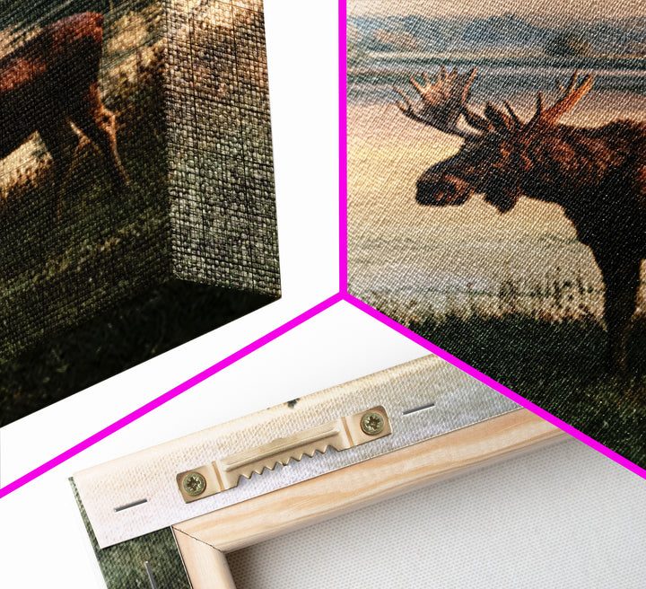 Moose Standing by a Quiet Lake Framed Canvas Print, Rustic Art, Fine Art Print, Farmhouse Decor, Fine Art, Rustic, Painting, RUS-1x1-33
