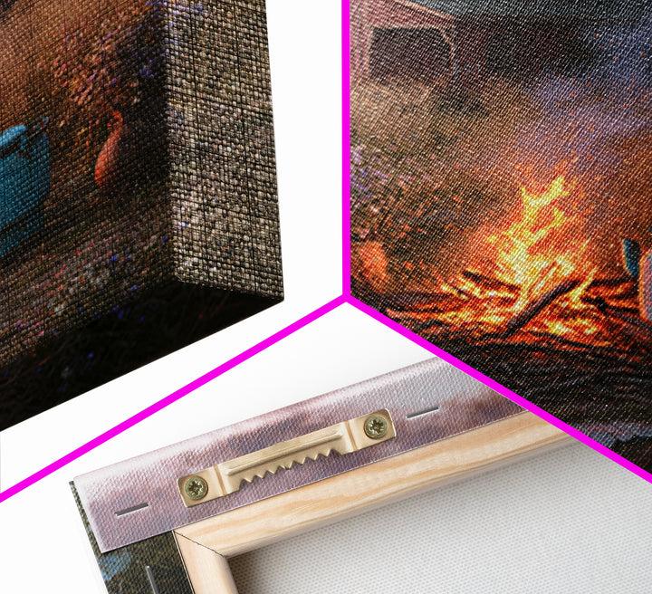 Campfire under a Starry Sky Framed Canvas Print, Rustic Art, Landscape Wall Art, Farmhouse Decor, Watercolor Art, Rustic, RUS-1x1-34