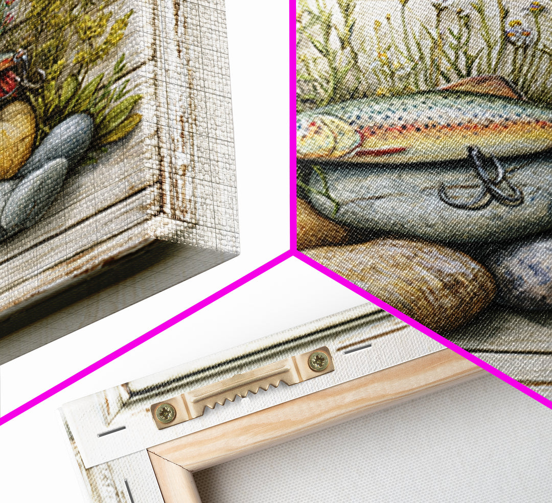 Trout Fishing Lure and River Stones Framed Canvas Print, Rustic Art, Landscape Art, Farmhouse Decor, Fine Art, Rustic, RUS-1x1-38