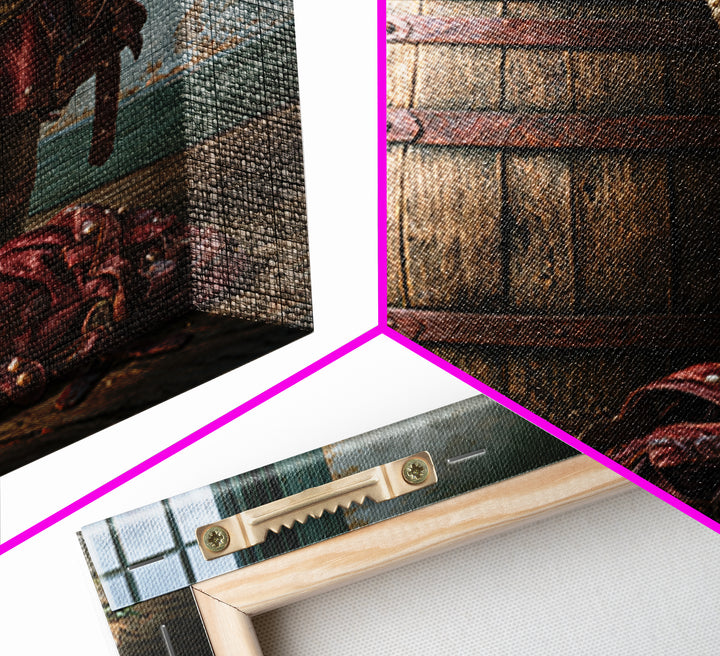 Whiskey Barrel and Leather Still Life Framed Canvas Print, Rustic Art, Wood Art, Farmhouse Decor, Oil Painting, Rustic, RUS-1x1-43