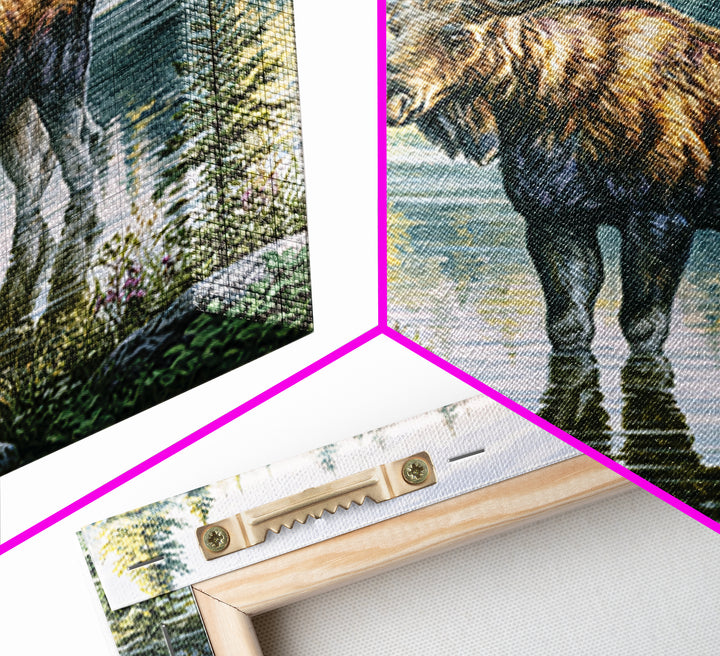 Moose Standing by a Quiet Lake Framed Canvas Print, Rustic Art, Fine Art Print, Farmhouse Decor, Fine Art, Rustic, Painting, RUS-1x1-57
