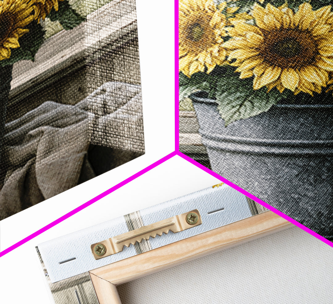 Sunflowers in a Metal Bucket Canvas Print, Rustic Art, Modern Art, Farmhouse Decor, Rustic, Neutral Decor, Modern Decor, RUS-1x1-60