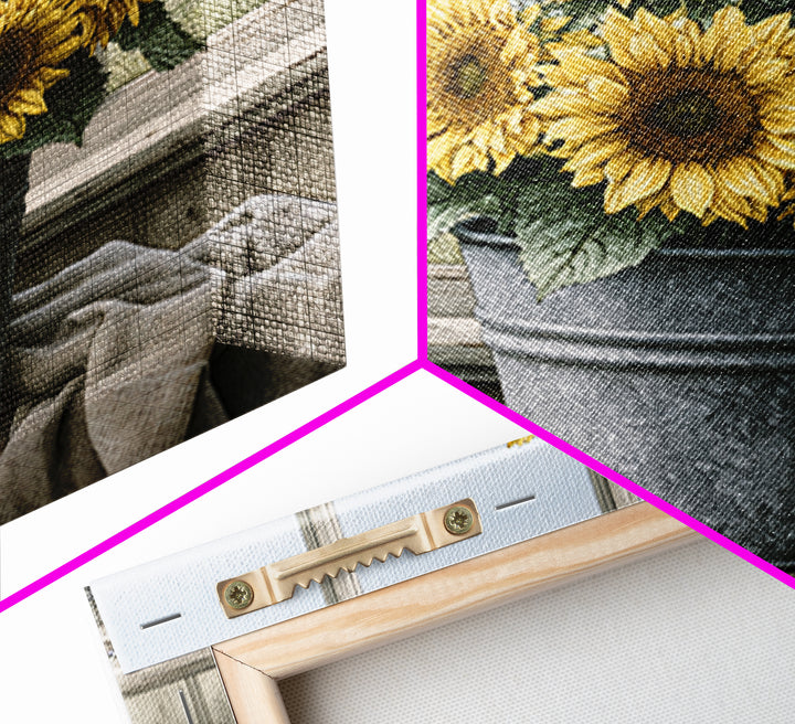 Sunflowers in a Metal Bucket Canvas Print, Rustic Art, Modern Art, Farmhouse Decor, Rustic, Neutral Decor, Modern Decor, RUS-1x1-60