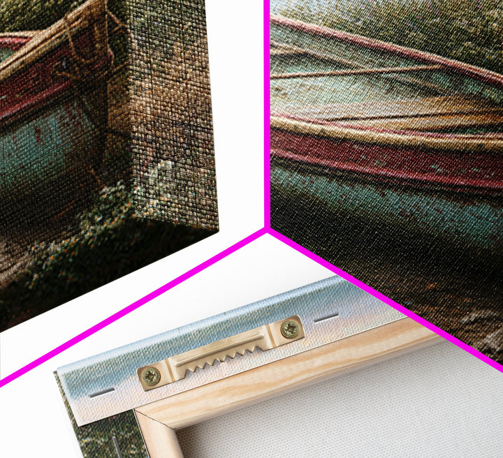 Old Canoe Pulled Onto a Lake Shore Framed Canvas Print, Rustic Art, Eclectic Wall Art, Farmhouse Decor, Oil Painting, Rustic, RUS-1x1-68