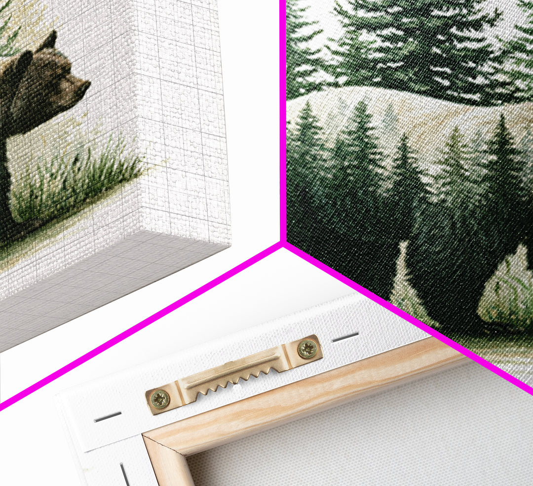 Bear Silhouette Among Pine Trees Framed Canvas Print, Rustic Art, Modern Decor, Farmhouse Decor, Oil Painting, Rustic, RUS-1x1-79