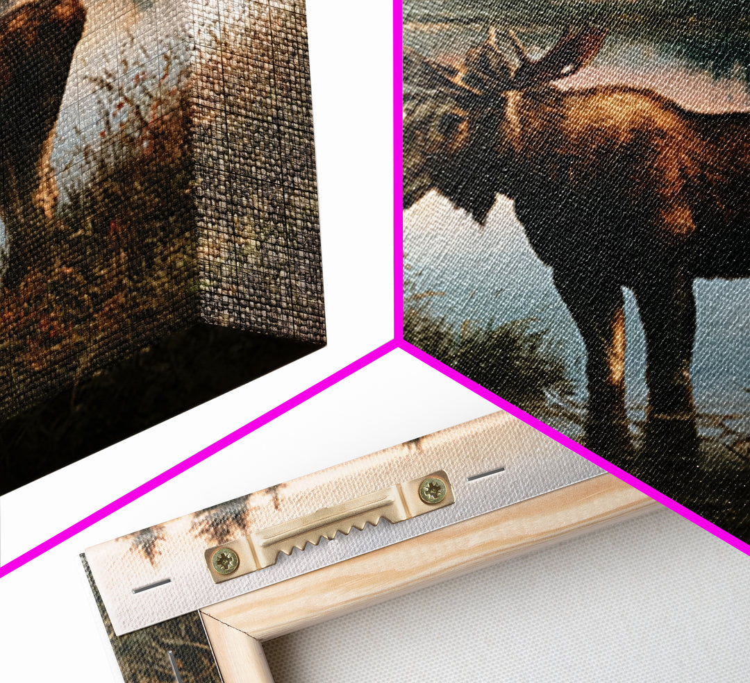 Moose Standing by a Quiet Lake Canvas Print, Rustic Art, Textured Painting, Farmhouse Decor, Oil Painting, Rustic, RUS-1x1-81